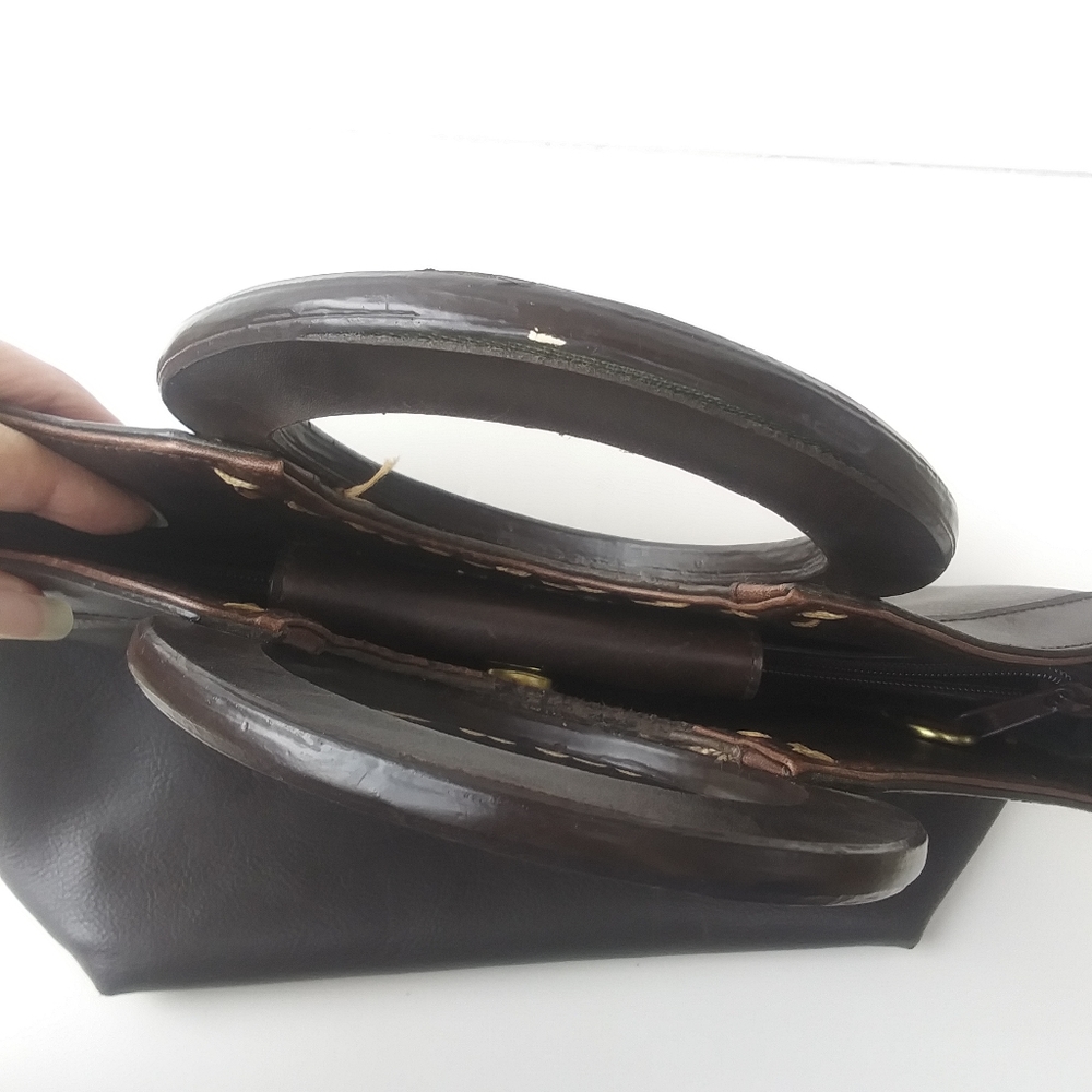 Vintage Liz Claiborne Crazy Horse  Round Handle Faux Leather Bag, Dark Brown - Picture 12 of 15